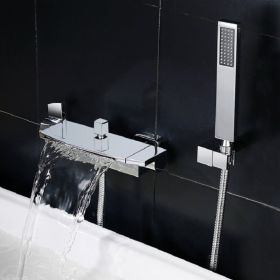Contemporary Wall Mount Waterfall 2-Handle Chrome Bathtub Filler Faucet with Hand Shower