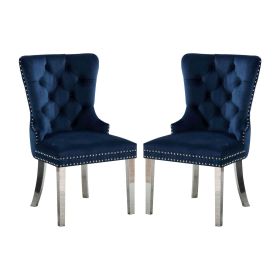 Set of 2 Wingback Dining Chairs with Button Tufted Back in Blue and Chrome