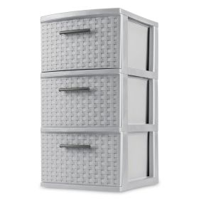 3 Drawer Weave Tower, Plastic Decor Drawers with Pull Handles, Gray
