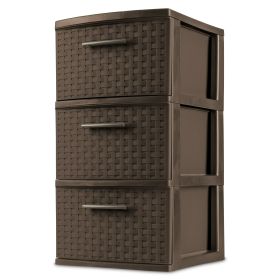 3 Drawer Weave Tower, Plastic Decor Drawers with Pull Handles, Brown