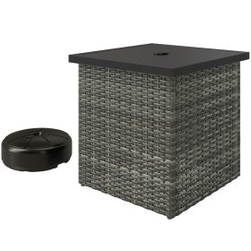Wicker Side Table With 1.5 Umbrella Hole, Square Outdoor End Table With UV-Resistant Frame, Storage Space, Mixed-Gray (Option: Gray)