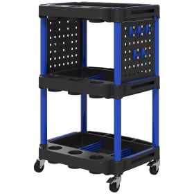 3-Tier Rolling Tool Cart, 200 LBS Capacity Plastic Utility Cart With Side Shelves For Garage Workshop, Black & Dark Blue (Color: Blue)