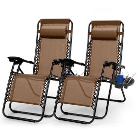 2Packs Zero Gravity Lounge Chair w/ Dual Side Tray 330lbs Load Foldable Recliner Chair w/ Stress Relief Pillow Patio Poolside Beach Lying Chair (Color: Brown, size: One size)