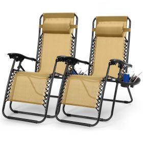 2Packs Zero Gravity Lounge Chair w/ Dual Side Tray 330lbs Load Foldable Recliner Chair w/ Stress Relief Pillow Patio Poolside Beach Lying Chair (Color: Tan, size: One size)