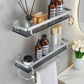 Glass Shelf for Bathroom 15.7 in Bathroom Shelves with Towel Bar Tempered Glass Shelves for Wall(2 Tier) (Color: Silver)