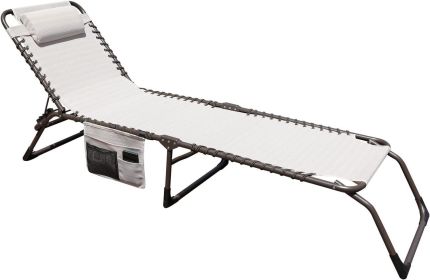 Foldable Patio Chaise Lounge Chair for Outdoor with Detachable Pocket and Pillow, Portable Adjustable Sun Lounger Recliner for Beach, Camping and (Color: Beige)