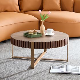 Modern Handcraft Drum Coffee Table 31.5 inch Round Coffee Table for Living Room,Small Coffee Table with Sturdy Pedestal (Color: Walnut, Material: MDF+Metal)