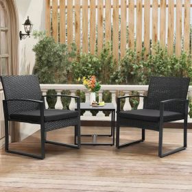 3 Piece Outdoor Furniture Set, 2 Waterproof Chairs and 1 Bistro Table Furniture Set, Wicker Rattan Conversation Set (Color: Black Rattan Black Cushion)