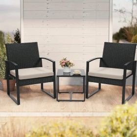 3 Piece Outdoor Furniture Set, 2 Waterproof Chairs and 1 Bistro Table Furniture Set, Wicker Rattan Conversation Set (Color: Black Rattan Gray Floor Mat)