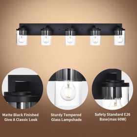 6-Light Vanity Light in Matt Black Finish, Vintage Farmhouse Mirror Lights with Clear Glass Shade. (Numbers of Light: 5-Light, Color: Black)